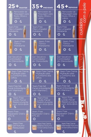com a pele
25+         MANtER     35+        PREVENIR       45+          REPARAR

      Removedor de          Removedor de               Removedor de
      Maquiagem para        Maquiagem para             Maquiagem para
      Rosto, Olhos e        Rosto, Olhos e             Rosto, Olhos e
      Lábios                Lábios                     Lábios




                                                                           cuidados
Years Free             Years Free                Years Free
Óleo Limpador          Óleo Limpador             Óleo Limpador
Hidratante             Hidratante                Hidratante



      Years Free             Years Free                Years Free
      Tônico                 Tônico                    Tônico
      Hidratante             Hidratante                Hidratante




Gel Secativo           Gel Secativo              Gel Secativo
Controlador            Controlador               Controlador
de Oleosidade          de Oleosidade             de Oleosidade



   Years Free Creme       Years Free Creme          Years Free Creme
   Multiação para         Multiação para            Multiação para
   o Contorno dos         o Contorno dos            o Contorno dos
   Olhos                  Olhos                     Olhos


Years Free Gel         Years Free Gel            Years Free Gel
Facial Antioxidante    Facial Antioxidante       Facial Antioxidante
com Vitamina C         com Vitamina C            com Vitamina C


     Years Free             Years Free                Years Free
     Loção Facial           Loção Facial              Loção Facial
     Reestruturante         Reestruturante            Reestruturante
     com AHA-BHA            com AHA-BHA               com AHA-BHA


Years Free             Years Free                Years Free
Reparador Diário       Reparador Diário          Reparador Diário
FPS 15                 FPS 20                    FPS 30


     Years Free             Years Free Creme          Years Free Creme
     Gel Noturno            Botânico Noturno          Vitaminado Noturno
     Restaurador            Antienvelhecimento        Antienvelhecimento


                                                                           39
 