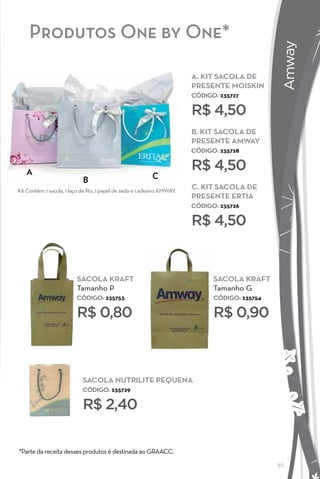 Produtos One by One*




                                                                                                   Amway
                                                                           a. KIT SacOla de
                                                                           PreSeNTe MOISKIN
                                                                           CÓDIGO: 235727


                                                                           R$ 4,50
                                                                           B. KIT SacOla de
                                                                           PreSeNTe aMway
                                                                           CÓDIGO: 235728


    A
                                                                           R$ 4,50
                             B                               C
Kit Contém: 1 sacola, 1 laço de fita, 1 papel de seda e 1 adesivo AMWAY.
                                                                           c. KIT SacOla de
                                                                           PreSeNTe erTIa
                                                                           CÓDIGO: 235726


                                                                           R$ 4,50


                          SacOla KrafT                                           SacOla KrafT
                          Tamanho P                                              Tamanho G
                          CÓDIGO: 235753                                         CÓDIGO: 235754


                          R$ 0,80                                                R$ 0,90



                             SacOla NuTrIlITe PequeNa
                             CÓDIGO: 235729


                             R$ 2,40

*Parte da receita desses produtos é destinada ao GRAACC.

                                                                                                  95
 