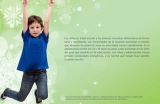 Los niños en edad escolar y los jóvenes necesitan alimentarse de forma
      sana y equilibrada. Las necesidades de la mayoría aumentan a medida
      que alcanzan la pubertad, pues en esta etapa crecen rápidamente. En la
      adolescencia (entre los 10 y 18 años) su peso suele aumentar en un 50%
      del peso que tendrán en la edad adulta. Los niños y adolescentes tienen
      grandes necesidades energéticas, y es normal que tengan buen apetito
      y coman mucho.*




106   * Guía de Nutrición de la familia, tema 8: La alimnetación de los niños y jóvenes en edad escolar.
        Organización de las Naciones Unidas para la Alimentación y la Agricultura.
 