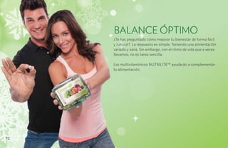 BALANCE ÓPTIMO
     ¿Te has preguntado cómo mejorar tu bienestar de forma fácil
     y natural?. La respuesta es simple: Teniendo una alimentación
     variada y sana. Sin embargo, con el ritmo de vida que a veces
     llevamos, no es tarea sencilla.

     Los multivitamínicos NUTRILITE™ ayudarán a complementar
     tu alimentación.




72
 
