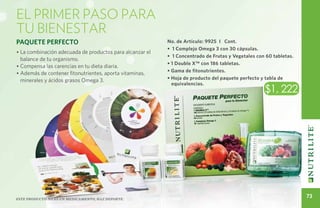 El primer paso para
TU BIENESTAR
Paquete Perfecto                                          No. de Artículo: 9925 I Cont.
                                                          • 1 Complejo Omega 3 con 30 cápsulas.
• La combinación adecuada de productos para alcanzar el
                                                          • 1 Concentrado de Frutas y Vegetales con 60 tabletas.
  balance de tu organismo.
                                                          • 1 Double X™ con 186 tabletas.
• Compensa las carencias en tu dieta diaria.
                                                          • Gama de fitonutrientes.
• Además de contener fitonutrientes, aporta vitaminas,
  minerales y ácidos grasos Omega 3.                      • Hoja de producto del paquete perfecto y tabla de
                                                            equivalencias.
                                                                                                   $1, 222




Este producto no es un medicamento, haz deporte.
                                                                                                                   73
 