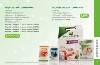PAQUETE FAMILIA EN FORMA                             Paquete de Mantenimiento
Contiene:                                            Contiene:
• Rhodiola de 15 tabletas.                           • Rhodiola de 15 tabletas.
• Cerocarb™ de 30 tabletas.
• Nutrifiber Powder de 30 sobres.
                                                     • Cerocarb™ de 30 tabletas.
                                                     • Nutrifiber Powder de 30 sobres.
                                                                                         $499
• Manual del programa.                               No. de Artículo: 245428
• DVD de ejercicios.
Paquete   1,200 Kcal   1   No. de Artículo: 245475
Paquete   1,400 Kcal   1   No. de Artículo: 245476
Paquete   1,600 Kcal   1   No. de Artículo: 245477
Paquete   1,800 Kcal   1   No. de Artículo: 245478


 $599 c/u




Este producto no es un medicamento, haz deporte.
                                                                                                77
 
