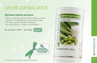 Un mejor balance
Proteína Vegetal en Polvo
• Nueva fórmula con proteína de origen 100% vegetal que
  combina las propiedades de la soya, chícharo y trigo.
• No contiene grasas saturadas ni colesterol.
• No contiene lactosa y es baja en carbohidratos.


No. de Artículo: 110415 | Cont. 450g.
                                           $345



                                                   8g.
                                                 de proteína
                                               por porción sin
                                              grasas saturadas
                                                ni colesterol




Este producto no es un medicamento, haz deporte.
                                                                 79
 