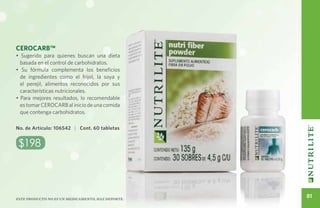 UTRICIÓN Y BIENESTAR PESO
                                                                  CONTROL DE
Cerocarb™
• Sugerido para quienes buscan una dieta
  basada en el control de carbohidratos.
• Su fórmula complementa los beneficios
  de ingredientes como el frijol, la soya y
  el perejil, alimentos reconocidos por sus
  características nutricionales.
• Para mejores resultados, lo recomendable
  es tomar CEROCARB al inicio de una comida
  que contenga carbohidratos.

No. de Artículo: 106542 | Cont. 60 tabletas


 $198



Este producto no es un medicamento, haz deporte.
                                                           81
 