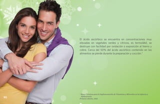 El ácido ascórbico se encuentra en concentraciones muy
     elevadas en vegetales verdes y cítricos, es termolábil, se
     destruye con facilidad por oxidación o exposición al hierro y
     cobre. Cerca del 50% del ácido ascórbico contenido en los
     alimentos se pierde durante la preparación y cocción.*




     * Bases Técnicas para la Suplementación de Vitaminas y Minerales en la Infancia y
       Adolescencia
90   Primera edición, 2003
 