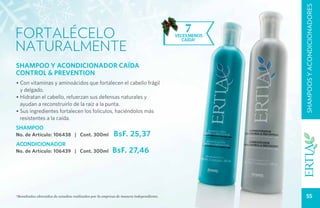 SHAMPOOS Y ACONDICIONADORES
FORTALÉCELO                                                                                7
                                                                                       veces menos


NATURALMENTE
                                                                                          caída*




SHAMPOO Y ACONDICIONADOR CAÍDA
CONTROL & PREVENTION
• Con vitaminas y aminoácidos que fortalecen el cabello frágil
  y delgado.
• Hidratan el cabello, refuerzan sus defensas naturales y
  ayudan a reconstruirlo de la raíz a la punta.
• Sus ingredientes fortalecen los folículos, haciéndolos más
  resistentes a la caída.
SHAMPOO
No. de Artículo: 106438 | Cont. 300ml                    BsF. 25,37
ACONDICIONADOR
No. de Artículo: 106439 | Cont. 300ml                   BsF. 27,46




*Resultados obtenidos de estudios realizados por la empresa de manera independiente.                    55
 