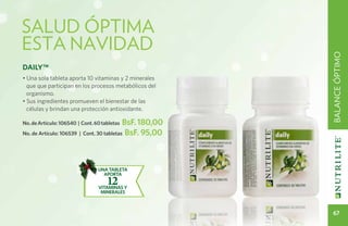 SALUD ÓPTIMA
ESTA NAVIDAD




                                                         balance óptimo
Daily™
• Una sola tableta aporta 10 vitaminas y 2 minerales
  que que participan en los procesos metabólicos del
  organismo.
• Sus ingredientes promueven el bienestar de las
  células y brindan una protección antioxidante.

No. de Artículo: 106540 | Cont. 60 tabletasBsF. 180,00
No. de Artículo: 106539 | Cont. 30 tabletas BsF. 95,00




                                 UNA TABLETA
                                   APORTA
                                     12
                                 VITAMINAS Y
                                  MINERALES



                                                           67
 