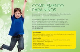 Complemento
     para niños
     Una buena alimentación es vital para los niños. Comer bien afecta
     positivamente su crecimiento físico e intelectual.

     La mezcla entre una nutrición adecuada y actividad física es la
     primera línea de defensa contra muchas enfermedades. Los
     efectos de la desnutrición en la primera infancia (0 a 8 años)
     pueden ser devastadores y duraderos. Pueden debilitar la salud,
     afectar el crecimiento y disminuir el rendimiento escolar.
     No lo permitas


      VITAMINAS:
      Compuesto orgánico esencial para controlar los procesos metabólicos.
      Contribuyen al desarrollo general.
      MINERALES:
      Desempeñan un papel básico en el buen funcionamiento, tanto
      físico como mental, del organismo.
      FITONUTRIENTES:
      Actúan como antioxidantes naturales, ayudan a eliminar toxinas y
      resguardan el ADN celular.
80
 