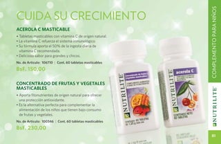 COMPLEMENTO PARA NIÑOS
CUIDA SU CRECIMIENTO
Acerola C Masticable
• Tabletas masticables con vitamina C de origen natural.
• La vitamina C refuerza el sistema inmunológico.
• Su fórmula aporta el 50% de la ingesta diaria de
  vitamina C recomendada.
• Delicioso sabor para grandes y chicos.
No. de Artículo: 106710 | Cont. 60 tabletas masticables

BsF. 150,00

CONCENTRADO DE FRUTAS Y VEGETALES
MASTICABLES
• Aporta fitonutrientes de origen natural para ofrecer
  una protección antioxidante.
• Es la alternativa perfecta para complementar la
  alimentación de los niños que tienen bajo consumo
  de frutas y vegetales.
No. de Artículo: 100346 | Cont. 60 tabletas masticables

BsF. 230,00
                                                               81
 