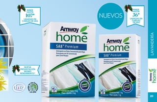 RINDE                  RINDE
     HASTA                  HASTA

    107*
  lavadas en
                 NUEVOS     36*
                          lavadas en
 cargas de 6kg              cargas
                             de 6kg




                                       LAVANDERÍA
   Nueva
presentación
   Mismo
rendimiento*




                                        89
 