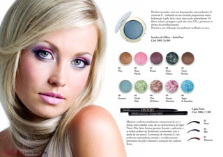 Produto inovador com um desempenho extraordinário. A
                                                                  vitamina E - utilizada na sua fórmula proporciona maior
                                                                  hidratação à pele, bem como uma acção antioxidante. Os
                                                                  filtros solares protegem a pele dos raios UV, e previnem os
                                                                  efeitos do envelhecimento.
                                                                  Permite a sua utilização em ambiente molhado ou seco.


                                                                  Sombra de Olhos – Seda Pura
                                                                  Cód. 5003 | 6,90€




                               02                05              07              08              35
                               Oro               Rosa            Pruna           Nero            Terra
                                                 Pérola                          Glitter         Perlata




                               38                42              44              45              48
                               Azzurro           Verde           Oro             Fucsia          Aqua
                                                 Nilo            D’Africa        Chorisia        di Zanzibar


                                                                                                           Lápis Twist
                                                                                                           Cód. 5006 | 7,30€


                                                                                                                     01
                                         Máximo conforto, rendimento excepcional da cor e
                                                                                                                     Nero
                                         linhas extra-nítidas: estas são as características do lápis
                                         Twist. Não deixa formar grumos durante a aplicação e                        02
                                         as linhas podem ser facilmente sombreadas com a                             Blu
                                         ajuda de um pincel. A presença de vitamina E, um
                                         poderoso antioxidante, retarda o envelhecimento                             03
                                         prematuro da pele e diminui a actuação dos radicais                         Marrone
                                         livres.


O l h o s | Linha Astra | 18
 
