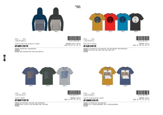 CODE
SLIM FIT, YARN DYED, BURN OUT JERSEY
1-AUG-13/15-AUG-13 !351878!351878
MATERIAL: 60% CO / 40% PES
SIZES: 128 - 140 - 152 - 164 - 176
LBT DANTE L/SLV TEE
COLOUR: 5900 BLUE AOP - 6900 GREEN AOP
ARTWORK:
PATTERN: 5900: 5056/5045/1080 - 6900: 6032/7500/1013
	 5900 A	 6900 B
CODE
REGULAR FIT, JERSEY
1-JUL-13/15-JUL-13 !352070!352070
MATERIAL: 100% CO
SIZES: 128 - 140 - 152 - 164 - 176
LBT ALAN S/SLV TEE
COLOUR: 2516 DESERT SUN - 3013 ALPHAL RED - 5047 DEEP DRESDEN - 9009 PIRATE BLACK
ARTWORK: 2516: 5046 - 3013: 9010 - 5047: 5056 - 9009: 1010
PATTERN:
	 2516 A	 3013 A	 5047 B	 9009 B
CODE
SLIM FIT, JERSEY
1-JUL-13/15-JUL-13 !352071!352071
MATERIAL: 100% CO
SIZES: 128 - 140 - 152 - 164 - 176
LBT BRADY S/SLV TEE
COLOUR: 5045 DUSTY BLUE - 6032 OLIVE - 8001 SILVER MELEE
ARTWORK: 5045: 2516/7014 - 6032: 8001/8002 - 8001: 5047/5048
PATTERN:
	 5045 B	 6032 A	 8001 A
CODE
SLIM FIT, SODA WASHED, JERSEY
1-AUG-13/15-AUG-13 !352073!352073
MATERIAL: 100% CO
SIZES: 128 - 140 - 152 - 164 - 176
LBT CONNOR S/SLV TEE
COLOUR: 2516 DESERT SUN - 5045 DUSTY BLUE
ARTWORK: 2516: 135FULLCOLOURPRINT - 5045: 135FULLCOLOURPRINT
PATTERN:
	 2516 B	 5045 A
18
 