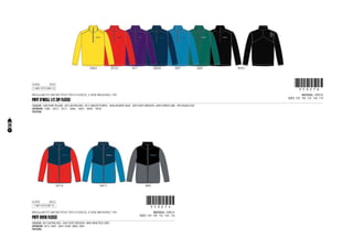 CODE
REGULAR FIT, MICRO POLY TECH FLEECE, 2 SIDE BRUSHED, 190
1-AUG-13/15-AUG-13 !350276!350276
MATERIAL: 100% PL
SIZES: 128 - 140 - 152 - 164 - 176
PBTF O’NEILL 1/2 ZIP FLEECE
COLOUR: 1500 PURE YELLOW - 3013 ALPHAL RED - 4511 MIGHTY PURPLE - 5046 ATLANTIC BLUE - 5047 DEEP DRESDEN - 6045 FOREST LAKE - 9010 BLACK OUT
ARTWORK: 1500: - 3013: - 4511: - 5046: - 5047: - 6045: - 9010:
PATTERN:
	 1500 A	 3013 A	 4511	 5046 B	 5047	 6045	 9010 C
CODE
REGULAR FIT, MICRO POLY TECH FLEECE, 2 SIDE BRUSHED, 190
1-SEP-13/15-SEP-13 !350274!350274
MATERIAL: 100% PL
SIZES: 128 - 140 - 152 - 164 - 176
PBTF OVEN FLEECE
COLOUR: 3013 ALPHAL RED - 5047 DEEP DRESDEN - 8002 NEW STEEL GREY
ARTWORK: 3013: 5047 - 5047: 8100 - 8002: 5047
PATTERN:
	 3013 A	 5047 C	 8002
34
 