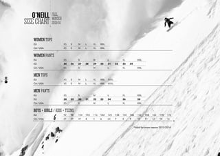 52
*Valid for snow season 2013/2014
WOMEN TOPS
EU XS S M L XL XXL
CA / USA XS S M L XL XXL
WOMEN PANTS
EU XS S M L XL XXL
EU 25 26 27 28 29 30 31 32 33 34
CA / USA XS S M L XL XXL
MEN TOPS
EU XS S M L XL XXL XXXL
CA / USA XS S M L XL XXL XXXL
MEN PANTS
EU XS S M L XL XXL
EU 28 29 30 31 32 33 34 36 38
CA / USA XS S M L XL XXL
BOYS + GIRLS / KIDS + TEENS
EU 92 98 104 110 116 122 128 134 140 146 152 158 164 170 176
CA / USA 2T 3T 4T 4 5 6 6X 7 8 9 10 11 12 14 16
SIZE CHART
O’NEILL FALL
WINTER
2013/14
52
 