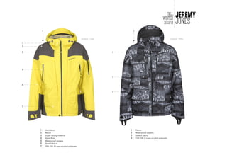 1 Ventilation
2 Recco
3 Super strong material
4 Hyperﬂow
5 Waterproof zippers
6 Stretch fabric
7 20K-15K 3-Layer recyled polyester
1 Recco
2 Waterproof zippers
3 Stretch fabric
4 15K-10K 2-Layer recyled polyester
350002 - 9900350000 - 1500
4
7
3
2 1
5
1
6
3
2
4
JONES
JEREMYFALL
WINTER
2013/14
 