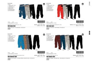 CODE
CS SLIM FIT, POLY TWILL, 8K / 8K
15-AUG-13/31-AUG-13 !353014!353014
MATERIAL: 100% PL / LINING: 100% PL
SIZES: XS - S - M - L - XL - XXL
PMFR CONCRETE PANTS
COLOUR: 3052 CARMINE - 5046 ATLANTIC BLUE - 7500 CHINO BEIGE - 9010 BLACK OUT
ARTWORK:
PATTERN:
FEATURES:
1 CRITICALLY TAPED SEAMS
2 ARTICULATION
9 CONNECTOR SYSTEM
32 WAIST ADJUSTER
34 PANT SNOW GAITER
35 PANT REINFORCEMENT
36 BOTTOM MAXIMIZER
3052 A 5046 C 7500 9010 A
RECTIFICATION:
€ 119,95
CODE
SLIM FIT, HEAVY TWILL HEATHER, 10K / 10K
15-SEP-13/30-SEP-13 !353010!353010
MATERIAL: 50% PL / 50% CD PL / LINING: 100% PL
SIZES: XS - S - M - L - XL - XXL
PMFR STEREO PANTS
COLOUR: 3013 ALPHAL RED - 7500 CHINO BEIGE - 9010 BLACK OUT
ARTWORK:
PATTERN:
FEATURES:
1 CRITICALLY TAPED SEAMS
2 ARTICULATION
9 CONNECTOR SYSTEM
32 WAIST ADJUSTER
33 INNER LEG VENT
34 PANT SNOW GAITER
35 PANT REINFORCEMENT
36 BOTTOM MAXIMIZER
3013 A 7500 9010 C
RECTIFICATION:
€ 179,95
CODE
RELAXED FIT, DULL RIP STOP, 15K / 10K
1-SEP-13/15-SEP-13 !353011!353011
MATERIAL: 100% PA / LINING: 100% PL
SIZES: XS - S - M - L - XL - XXL
PMFR GRUNGE PANTS
COLOUR: 5900 BLUE AOP - 7500 CHINO BEIGE - 9010 BLACK OUT
ARTWORK:
PATTERN:
FEATURES:
1 CRITICALLY TAPED SEAMS
2 ARTICULATION
9 CONNECTOR SYSTEM
32 WAIST ADJUSTER
33 INNER LEG VENT
34 PANT SNOW GAITER
35 PANT REINFORCEMENT
36 BOTTOM MAXIMIZER
5900 A 7500 B 9010
RECTIFICATION:
€ 199,95
CODE
REGULAR FIT, HERRINGBONE HEATHER, 8K / 8K
1-SEP-13/15-SEP-13 !353012!353012
MATERIAL: 100% PL / LINING: 100% PL
SIZES: XS - S - M - L - XL - XXL
PMFR CONSTRUCT PANTS
COLOUR: 5047 DEEP DRESDEN - 7014 TOBACCO BROWN - 8002 NEW STEEL GREY - 9010 BLACK OUT
ARTWORK:
PATTERN:
FEATURES:
1 CRITICALLY TAPED SEAMS
2 ARTICULATION
9 CONNECTOR SYSTEM
32 WAIST ADJUSTER
33 INNER LEG VENT
34 PANT SNOW GAITER
35 PANT REINFORCEMENT
36 BOTTOM MAXIMIZER
5047 B 7014 A 8002 9010 C
RECTIFICATION:
€ 149,95
FREEDOM
95
9103864 9103865 9103866
 