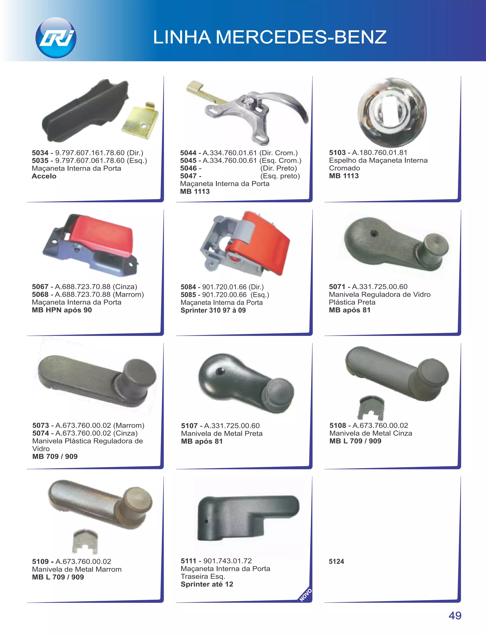 5124
49
LINHA MERCEDES-BENZ
5084 - 901.720.01.66 (Dir.)
5085 - 901.720.00.66 (Esq.)
Maçaneta Interna da Porta
Sprinter 310 97 à 09
5071 - A.331.725.00.60
Manivela Reguladora de Vidro
Plástica Preta
MB após 81
5073 - A.673.760.00.02 (Marrom)
5074 - A.673.760.00.02 (Cinza)
Manivela Plástica Reguladora de
Vidro
MB 709 / 909
5067 - A.688.723.70.88 (Cinza)
5068 - A.688.723.70.88 (Marrom)
Maçaneta Interna da Porta
MB HPN após 90
5107 - A.331.725.00.60
Manivela de Metal Preta
MB após 81
5108 - A.673.760.00.02
Manivela de Metal Cinza
MB L 709 / 909
5109 - A.673.760.00.02
Manivela de Metal Marrom
MB L 709 / 909
5111 - 901.743.01.72
Maçaneta Interna da Porta
Traseira Esq.
Sprinter até 12
5034 - 9.797.607.161.78.60 (Dir.)
5035 - 9.797.607.061.78.60 (Esq.)
Maçaneta Interna da Porta
Accelo
5044 - A.334.760.01.61 (Dir. Crom.)
5045 - A.334.760.00.61 (Esq. Crom.)
5046 - (Dir. Preto)
5047 - (Esq. preto)
Maçaneta Interna da Porta
MB 1113
5103 - A.180.760.01.81
Espelho da Maçaneta Interna
Cromado
MB 1113
NO
VO
 