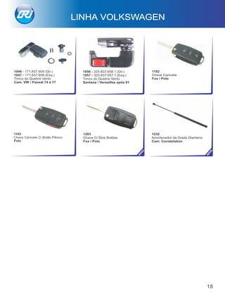 LINHA VOLKSWAGEN
15
1232
Amortecedor da Grade Dianteira
Cam. Constelation
NO
VO
NO
VO
1183
Chave Canivete C/ Botão Pânico
Polo
1203
Chave C/ Dois Botões
Fox / Polo
1056 - 325.837.658.1 (Dir.)
1057 - 325.837.657.1 (Esq.)
Trinco do Quebra Vento
Santana / Versailles após 91
1182
Chave Canivete
Fox / Polo
1046 - 171.837.659 (Dir.)
1047 - 171.837.658 (Esq.)
Trinco do Quebra Vento
Cam. VW / Passat 74 à 77
 