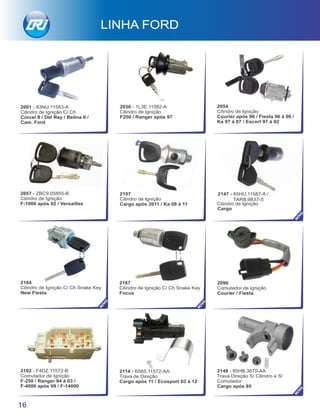 Cilindro de Ignição
16
2001 - 83NU.11583-A
Cilindro de Ignição C/ Ch
Corcel II / Del Rey / Belina II /
Cam. Ford
LINHA FORD
2147 - 85HU.11587-A /
TAR8.9837-5
Cargo
2167
Cilindro de Ignição C/ Ch Snake Key
Focus
2164
Cilindro de Ignição C/ Ch Snake Key
New Fiesta
2099
Comutador de Ignição
Courier / Fiesta
2036 - 1L3E.11582-A
Cilindro de Ignição
F250 / Ranger após 97
2054
Cilindro de Ignição
Courier após 96 / Fiesta 96 à 06 /
Ka 97 à 07 / Escort 97 à 02
2057 - ZBC9.05855-B
Cilindro de Ignição
F-1000 após 92 / Versailles
2107
Cilindro de Ignição
Cargo após 2011 / Ka 08 à 11
2102 - F4DZ.11572-B
Comutador de Ignição
F-250 / Ranger 94 à 03 /
F-4000 após 99 / F-14000
2114 - 6S65.11572-AA
Trava de Direção
Cargo após 11 / Ecosport 03 à 12
2148 - 85HB.3675-AA
Trava Direção S/ Cilindro e S/
Comutador
Cargo após 85
NO
VO
NO
VO
NO
VO
NO
VO
 