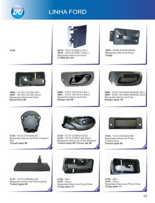2149
17
2137 - YC15.V266A62.AD
Maçaneta Interna da Porta Lateral
Transit após 09
2136 - YC15.V431A03.AM
Maçaneta Interna da Porta
Traseira Esq.
Transit após 09
2150 - (Dir.)
2151 - (Esq.)
Maçaneta Interna da Porta Preta
Cargo após 11
2152 - (Dir.)
2153 - (Esq.)
Maçaneta Interna da Porta Cinza
Cargo após 11
2134 - YC15.V22600.B (Dir.)
2135 - YC15.V22601.AB (Esq.)
Maçaneta Interna da Porta Dianteira
Transit após 09 / Focus até 08
LINHA FORD
2082 - 8L5Z.10219A64.BAWOC (Dir.)
2083 - 8L5Z.10219A65.BAWOC (Esq.)
Maçaneta Interna da Porta
Ranger após 10
2035 - 85HB.E22600-BASA
Maçaneta interna da Porta
Cargo
2066 - 54.783.722.605 (Dir.)
2067 - 54.783.722.505 (Esq.)
Maçaneta Interna da Porta
Escort 93 à 96
2080 - F3TZ.1021818.A (Dir.)
2081 - F3TZ.1021819.A (Esq.)
Maçaneta Interna da Porta
Ranger até 09
2018 - 78TU.812260.0 (Dir.)
2019 - 78TU.812260.1 (Esq.)
Maçaneta Interna da Porta
F-1000 82 à 91
NO
VO
NO
VO
NO
VO
NO
VO
NO
VO
NO
VO
2129 - YC15.V441N48.AC
Maçaneta Interna da Porta Traseira /
Baú
Transit após 09
 