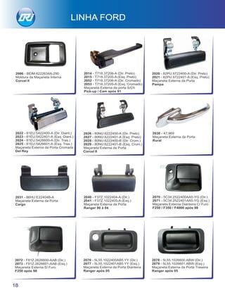 2076 - 5L55.1022400AB5.YY (Dir.)
2077 - 5L55.1022401AB5.YY (Esq.)
Maçaneta Externa da Porta Dianteira
Ranger após 05
2078 - 5L55.1026600.ABW (Dir.)
2079 - 5L55.1026601.ABW (Esq.)
Maçaneta Externa da Porta Traseira
Ranger após 05
18
LINHA FORD
2072 - F81Z.2626600-AAB (Dir.)
2073 - F81Z.2626601-AAB (Esq.)
Maçaneta Externa S/ Furo
F250 após 98
2026 - 80NU.6222400-A (Dir. Preto)
2027 - 80NU.6222401-A (Esq. Preto)
2028 - 80NU.6222400-B (Dir. Crom.)
2029 - 80NU.6222401-B (Esq. Crom.)
Maçaneta Externa da Porta
Corcel II
2030 - 47.969
Maçaneta Externa da Porta
Rural
2031 - 86HU.E22404B-A
Maçaneta Externa da Porta
Cargo
2040 - F37Z.1022404-A (Dir.)
2041 - F37Z.1022405-A (Esq.)
Maçaneta Externa da Porta
Ranger 90 à 04
2022 - 81EU.5422400-A (Dir. Diant.)
2023 - 81EU.5422401-A (Esq. Diant.)
2024 - 81EU.5426600-A (Dir. Tras.)
2025 - 81EU.5426601-A (Esq. Tras.)
Maçaneta Externa da Porta Cromada
Del Rey
2070 - 5C34.2522400AA5-YG (Dir.)
2071 - 5C34.2522401AA5-YG (Esq.)
Maçaneta Externa Dianteira C/ Furo
F250 / F350 / F4000 após 98
2086 - BEIM.6222634A-290
Moldura da Maçaneta Interna
Corcel ll
2014 - T718.37206-A (Dir. Preto)
2015 - T718.37205-A (Esq. Preto)
2052 - T718.37206-A (Dir. Cromado)
2053 - T718.37205-A (Esq. Cromado)
Maçaneta Externa da porta S/Ch
Pick-up / Cam após 91
2020 - 82PU.9722400-A (Dir. Preto)
2021 - 82PU.9722401-A (Esq. Preto)
Maçaneta Externa da Porta
Pampa
 