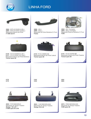 2042 - F37Z.9943400-A
Maçaneta da Tampa Traseira
Ranger 94 à 97 /
F1000 após 93 à 98
2043 - 1L5Z.9943400-AAA
Maçaneta da Tampa Traseira
Ranger 98 à 04
2133 - YC15.V22400.BB
Maçaneta Externa da Porta Traseira
Transit após 09
2178
2179
2182
2183
2202
2203
19
LINHA FORD
2084 - 83TU.8122400.A (Dir.)
2085 - 83TU.8122401.A (Esq.)
Maçaneta Externa da Porta
F-1000 até 91
2088 - (Dir.)
2089 - (Esq.)
Maçaneta da Porta Dianteira C/ Furo
Fiesta
2130 - YC15.V22400.AL (Dir.)
2131 - YC15.V22401.AL (Esq.)
Maçaneta Externa da Porta Dianteira
Transit após 09
2132 -YC15.V26600.AN
Maçaneta Externa da Porta Lateral
Transit após 09
2092 - (Dir. Cromado)
2093 - (Esq. Cromado)
Maçaneta Externa Dianteira C/ Furo
F250
2074 - F85Z.9943400.AAA
Maçaneta da Tampa Traseira
F250 após 98
NO
VO
NO
VO
NO
VO
 