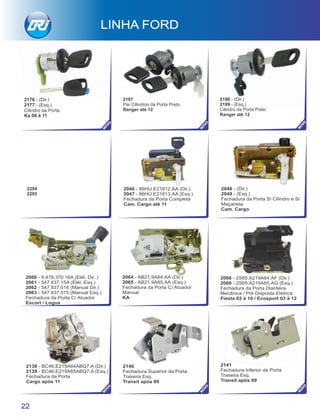 2046 - 86HU.E21812.AA (Dir.)
2047 - 86HU.E21813.AA (Esq.)
Fechadura da Porta Completa
Cam. Cargo até 11
2048 - (Dir.)
2049 - (Esq.)
Fechadura da Porta S/ Cilindro e S/
Maçaneta
Cam. Cargo
2060 - 5.478.370.16A (Elét. Dir. )
2061 - 547.837.15A (Elét. Esq.)
2062 - 547.837.016 (Manual Dir.)
2063 - 547.837.015 (Manual Esq.)
Fechadura da Porta C/ Atuador
Escort / Logus
2064 - AB21.9A64.AA (Dir.)
2065 - AB21.9A65.AA (Esq.)
Fechadura da Porta C/ Atuador
Manual
KA
2176 - (Dir.)
2177 - (Esq.)
Cilindro da Porta
Ka 08 à 11
2204
2205
2197
Par Cilindros da Porta Preto
Ranger até 12
2198 - (Dir.)
2199 - (Esq.)
Cilindro da Porta Preto
Ranger até 12
LINHA FORD
2140
Fechadura Superior da Porta
Traseira Esq.
Transit após 09
2141
Fechadura Inferior da Porta
Traseira Esq.
Transit após 09
NO
VO
NO
VO
NO
VO
22
2138 - BC46.E219A64ABQ7.A (Dir.)
2139 - BC46.E219A65ABQ7.A (Esq.)
Fechadura da Porta
Cargo após 11
2068 - 2S65.A219A64.AF (Dir.)
2069 - 2S65.A219A65.AG (Esq.)
Fechadura da Porta Dianteira
Mecânica / Pré Disposta Elétrica
Fiesta 02 à 10 / Ecosport 03 à 12
NO
VO
NO
VO
NO
VO
 