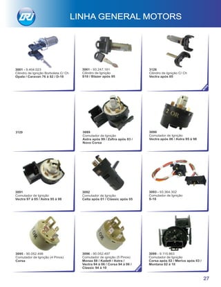 3129
27
3001 - 9.404.023
Cilindro de Ignição Borboleta C/ Ch
Opala / Caravan 76 à 92 / D-10
LINHA GENERAL MOTORS
3061 - 93.247.181
Cilindro de Ignição
S10 / Blazer após 95
3126
Cilindro de Ignição C/ Ch
Vectra após 05
3091
Comutador de Ignição
Vectra 97 à 05 / Astra 95 à 98
3092
Comutador de Ignição
Celta após 01 / Classic após 05
3090
Comutador de Ignição
Vectra após 06 / Astra 95 à 98
3089
Comutador de Ignição
Astra após 99 / Zaﬁra após 03 /
Novo Corsa
3093 - 93.364.302
Comutador de Ignição
S-10
3095 - 90.052.498
Comutador de Ignição (4 Pinos)
Corsa
3096 - 90.052.497
Comutador de ignição (5 Pinos)
Monza 88 / Kadett / Astra /
Vectra 94 à 06 / Corsa 94 à 06 /
Classic 94 à 10
3099 - 9.115.863
Comutador de Ignição
Corsa após 02 / Meriva após 03 /
Montana 02 à 10
NO
VO
NO
VO
 