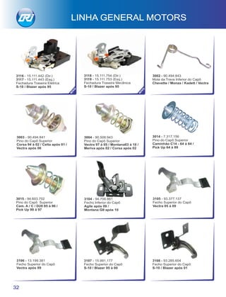 3014 - 7.317.156
Pino do Capô Superior
Caminhão C14 - 64 à 84 /
Pick Up 64 à 89
3015 - 94.603.702
Pino do Capô Superior
Cam. A / C / D20 85 à 96 /
Pick Up 90 à 97
3002 - 90.494.843
Mola da Trava Inferior do Capô
Chevette / Monza / Kadett / Vectra
3118 - 15.111.754 (Dir.)
3119 - 15.111.753 (Esq.)
Fechadura Traseira Mecânica
S-10 / Blazer após 95
3003 - 90.494.841
Pino do Capô Superior
Corsa 94 à 02 / Celta após 01 /
Vectra após 06
3004 - 90.508.943
Pino do Capô Superior
Vectra 97 à 05 / Montana03 à 10 /
Meriva após 02 / Corsa após 02
3107 - 15.991.177
Fecho Superior do Capô
S-10 / Blazer 95 à 00
32
LINHA GENERAL MOTORS
NO
VO
3108 - 93.285.604
Fecho Superior do Capô
S-10 / Blazer após 01
3104 - 94.706.861
Fecho Inferior do Capô
Agile após 09 /
Montana GII após 10
3105 - 93.377.137
Fecho Superior do Capô
Vectra 05 à 09
3106 - 13.199.381
Fecho Superior do Capô
Vectra após 09
3116 - 15.111.442 (Dir.)
3117 - 15.111.443 (Esq.)
Fechadura Traseira Elétrica
S-10 / Blazer após 95
NO
VO
 