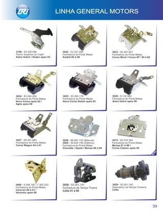 3025 - 93.264.178
Fechadura do Porta Malas
Novo Corsa Sedan após 02
3026 - 9.130.569
Fechadura do Porta Malas
Astra Hatch após 99
3027 - 90.381.890
Fechadura do Porta Malas
Corsa Wagon 94 à 01
3024 - 93.264.204
Fechadura do Porta Malas
Novo Corsa após 02 /
Agile após 09
3023 - 90.387.847
Fechadura do Porta Malas
Corsa Wind / Corsa 4P / 94 à 02
3022 - 52.251.595
Fechadura do Porta Malas
Kadett 89 à 98
3058 - 93.261.191
Fechadura da Tampa Trseira
Celta 01 à 06
LINHA GENERAL MOTORS
33
3059 - 93.261.192
Dispositivo da Tampa Traseira
Celta
3088 - 9.298.182 / 7.362.253
Fechadura do Porta Malas
Caravan 80 à 91 /
Veraneio após 89
3028 - 66.987.125 (Manual)
3029 - 94.624.746 (Elétrica)
Fechadura do Porta Malas
Chevette / Opala / Monza 88 à 94
3075 - 90.276.394
Fechadura do Porta Malas
Monza 91 à 96 /
Corsa Classic após 94
NO
VO
3109 - 93.326.596
Fecho Superior do Capô
Astra Hatch / Sedan após 03
 