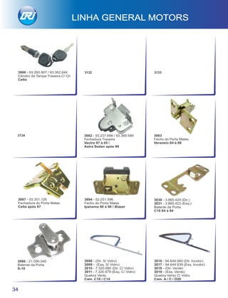 LINHA GENERAL MOTORS
34
3086 - 21.090.040
Batente da Porta
S-10
3030 - 3.865.424 (Dir.)
3031 - 3.865.423 (Esq.)
Batente da Porta
C10 64 à 84
3094 - 52.251.596
Fecho do Porta Malas
Ipanema 90 à 98 / Blazer
3082 - 93.237.698 / 93.389.589
Fechadura Traseira
Vectra 97 à 05 /
Astra Sedan após 99
3087 - 93.351.126
Fechadura do Porta Malas
Celta após 07
3083
Fecho do Porta Malas
Veraneio 64 à 88
3016 - 94.644.940 (Dir. Incolor)
3017 - 94.644.939 (Esq. Incolor)
3018 - (Dir. Verde)
3019 - (Esq. Verde)
Quebra Vento C/ Vidro
Cam. A / C / D20
3008 - (Dir. S/ Vidro)
3009 - (Esq. S/ Vidro)
3010 - 7.320.680 (Dir. C/ Vidro)
3011 - 7.320.679 (Esq. C/ Vidro)
Quebra Vento
Cam. C10 / C14
3132 3133
3134
3060 - 93.260.907 / 93.362.644
Cilindro da Tampa Traseira C/ Ch
Celta
 