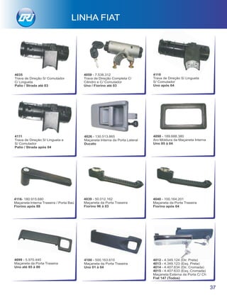 4035
Trava de Direção S/ Comutador
C/ Lingueta
Palio / Strada até 03
4026 - 130.513.865
Maçaneta Interna da Porta Lateral
Ducato
4098 - 189.688.380
Aro Moldura da Maçaneta Interna
Uno 85 à 04
37
LINHA FIAT
4040 - 100.164.201
Maçaneta da Porta Traseira
Fiorino após 04
4099 - 5.970.440
Maçaneta da Porta Traseira
Uno até 85 à 00
4100 - 500.163.610
Maçaneta da Porta Traseira
Uno 01 à 04
4116- 180.915.680
Maçaneta Interna Traseira / Porta Baú
Fiorino após 88
4012 - 4.349.124 (Dir. Preta)
4013 - 4.349.123 (Esq. Preta)
4014 - 4.407.634 (Dir. Cromada)
4015 - 4.407.633 (Esq. Cromada)
Maçaneta Externa da Porta C/ Ch
Fiat 147 (Todos)
4039 - 50.012.162
Maçaneta da Porta Traseira
Fiorino 96 à 03
4059 - 7.538.312
Trava de Direção Completa C/
Cilindro e C/ Comutador
Uno / Fiorino até 03
4111
Trava de Direção S/ Lingueta e
S/ Comutador
Palio / Strada após 04
4110
Trava de Direção S/ Lingueta
S/ Comutador
Uno após 04
 