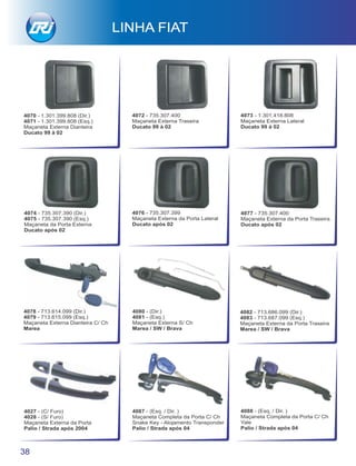 4070 - 1.301.399.808 (Dir.)
4071 - 1.301.399.808 (Esq.)
Maçaneta Externa Dianteira
Ducato 99 à 02
4077 - 735.307.400
Maçaneta Externa da Porta Traseira
Ducato após 02
4076 - 735.307.399
Maçaneta Externa da Porta Lateral
Ducato após 02
LINHA FIAT
4088 - (Esq. / Dir. )
Maçaneta Completa da Porta C/ Ch
Yale
Palio / Strada após 04
4087 - (Esq. / Dir. )
Maçaneta Completa da Porta C/ Ch
Snake Key - Alojamento Transponder
Palio / Strada após 04
38
4082 - 713.686.099 (Dir.)
4083 - 713.687.099 (Esq.)
Maçaneta Externa da Porta Traseira
Marea / SW / Brava
4078 - 713.614.099 (Dir.)
4079 - 713.615.099 (Esq.)
Maçaneta Externa Dianteira C/ Ch
Marea
4080 - (Dir.)
4081 - (Esq.)
Maçaneta Externa S/ Ch
Marea / SW / Brava
4027 - (C/ Furo)
4028 - (S/ Furo)
Maçaneta Externa da Porta
Palio / Strada após 2004
4072 - 735.307.400
Maçaneta Externa Traseira
Ducato 99 à 02
4073 - 1.301.418.808
Maçaneta Externa Lateral
Ducato 99 à 02
4074 - 735.307.390 (Dir.)
4075 - 735.307.390 (Esq.)
Maçaneta da Porta Externa
Ducato após 02
 