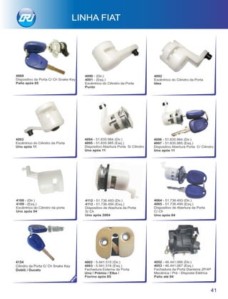 4090 - (Dir.)
4091 - (Esq.)
Excêntrico do Cilindro da Porta
Punto
4093
Excêntrico do Cilindro da Porta
Uno após 11
4092
Excêntrico do Cilindro da Porta
Idea
4064 - 51.736.493 (Dir.)
4065 - 51.736.494 (Esq.)
Dispositivo de Abertura da Porta
C/ Ch
Uno após 04
4112 - 51.736.493 (Dir.)
4113 - 51.736.494 (Esq.)
Dispositivo de Abertura da Porta
S/ Ch
Uno após 2004
41
LINHA FIAT
4052 - 46.441.066 (Dir.)
4053 - 46.441.067 (Esq.)
Fechadura da Porta Dianteira 2P/4P
Mecânica / Pré - Disposta Elétrica
Palio até 04
4002 - 5.941.515 (Dir.)
4003 - 5.941.516 (Esq.)
Fechadura Externa da Porta
Uno / Prêmio / Elba /
Fiorino após 85
4096 - 51.835.984 (Dir.)
4097 - 51.835.985 (Esq.)
Dispositivo Abertura Porta C/ Cilindro
Uno após 11
4094 - 51.835.984 (Dir.)
4095 - 51.835.985 (Esq.)
Dispositivo Abertura Porta S/ Cilindro
Uno após 11
4108 - (Dir.)
4109 - (Esq.)
Excêntrico do Cilindro da porta
Uno após 04
4154
Cilindro da Porta C/ Ch Snake Key
Doblô / Ducato
NO
VO4069
Dispositivo da Porta C/ Ch Snake Key
Palio após 05
 