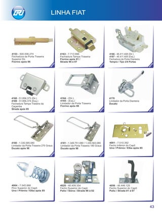 4168 - 51.856.373 (Dir.)
4169 - 51.856.374 (Esq.)
Fechadura Tampa Traseira da
Caçamba
Strada após 05
4163 - 7.713.996
Fechadura Tampa Traseira
Fiorino após 91 /
Strada 99 à 07
4029 - 46.409.354
Fecho Superior do Capô
Palio / Siena / Strada 96 à 02
4004 - 7.545.888
Pino Superior do Capô
Uno / Prêmio / Elba após 85
4164 - (Dir.)
4165 - (Esq.)
Limitador da Porta Traseira
Fiorino após 06
4001 - 7.510.392
Fecho Inferior do Capô
Uno / Prêmio / Elba após 85
4170
Limitador da Porta Dianteira
Ducato
4166 - 46.411.408 (Dir.)
4167 - 46.411.409 (Esq.)
Fechadura da Porta Dianteira
Tempra / Tipo 2/4 Portas
43
LINHA FIAT
NO
VO
NO
VO
NO
VO
NO
VO
NO
VO
NO
VO
NO
VO
4056 - 46.446.125
Fecho Superior do Capô
Palio / Strada 01 à 07
4180 - 1.330.585.080
Limitador da Porta Traseira 270 Graus
Ducato após 98
4181 - 1.349.751.080 / 1.330.563.080
Limitador da Porta Traseira 180 Graus
Ducato após 98
4153 - 500.006.274
Fechadura da Porta Traseira
Superior Dir.
Fiorino após 06
NO
VO
 