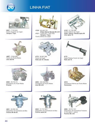 4174 - 46.847.368
Fecho do Capô
Palio até 10 / Strada
4175
Haste Plástica Fecho do Capô
Palio até 10
4041 - 50.006.192
Dispositivo da Fechadura do Baú
Fiorino 96 até 03
4042 - 51.737.923
Dispositivo da Fechadura do Baú
Fiorino após 04
4010
Fechadura Interna do Porta Malas
Panorama
4008 - 59.783.75
Fechadura do Porta Malas
Premio
4009 - 500.062.540
Fechadura do Porta Malas
Uno 96 à 03
4007 - 5.954.660
Fecho do Porta Malas
Uno até 95
LINHA FIAT
44
NO
VO
NO
VO
4066 - 50.012.161
Dispositivo da Fechadura Traseira
C/ Ch (4041 + 4043)
Fiorino 96 à 04
4122 - 51.792.084
Fecho Inferior do Capô
Palio / Siena / Strada após 08
Uno após 10
4120 - 46.446.125
(Palio/ Siena/ Strada 96 à 07)
4121 - 7.638.303 / 7.607.400
(Tempra / Tipo)
Fecho Inferior do Capô
4057 - 7.725.824
Fecho Superior do Capô
Tempra / Tipo
 