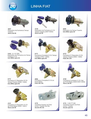 4139
Dispositivo da Fechadura C/ Ch
Tampa Traseira (4047+4049)
Siena até 00
4048
Dispositivo da Tampa Traseira
Uno Mille após 04
4141
Fechadura C/ Dispositivo S/ Ch
do Porta Malas (4045 + 4047)
Siena até 00
4140
Fechadura Completa C/ Ch Yale
do Porta Malas (4045+4047+4049)
Siena até 00
4068
Fechadura Completa C/ Ch do
Porta Malas
Palio 96 à 04
4173
Fechadura C/ Dispositivo S/ Ch
Tampa Traseira (4048 + 4045)
Uno Mille após 04
4172
Fechadura C/ Dispositivo S/ Ch
Tampa Traseira (4046 + 4045)
Palio 96 à 04
4162 - 51.737.990
Dispositivo da Fechadura da Tampa
Traseira C/ Ch
Uno Mille após 04
4171
Fechadura Completa C/ Ch Tampa
Traseira (4162 + 4045)
Uno Mille após 04
LINHA FIAT
45
NO
VO
NO
VO
NO
VO
NO
VO
NO
VO
NO
VO
4178
Fechadura Superior da Porta
Correr / Traseira Teto Alto
Ducato 98 à 02
4179 - 1.355.777.080
Fechadura Superior da Porta
Correr / Traseira
Ducato após 03
NO
VO
4047
Dispositivo da Fechadura Tampa
Traseira
Siena até 00
 
