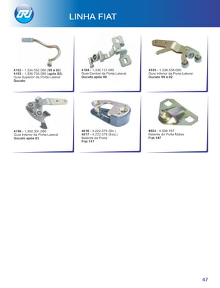 LINHA FIAT
47
4104 - 1.336.737.080
Guia Central da Porta Lateral
Ducato após 99
4105 - 1.334.554.080
Guia Inferior da Porta Lateral
Ducato 99 à 02
4106 - 1.352.331.080
Guia Inferior da Porta Lateral
Ducato após 03
4024 - 4.336.157
Batente do Porta Malas
Fiat 147
4016 - 4.222.579 (Dir.)
4017 - 4.222.578 (Esq.)
Batente da Porta
Fiat 147
4102 - 1.334.552.080 (99 à 02)
4103 - 1.336.735.080 (após 02)
Guia Superior da Porta Lateral
Ducato
 