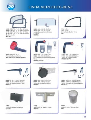 LINHA MERCEDES-BENZ
55
NO
VO
5022 - 308.720.71.66 (Dir.)
5023 - 308.720.70.66 (Esq.)
Kit Completo do Trinco do Quebra
Vento
MB 608 E / 708
5024 - 51.312.725.01.79 (Dir.)
5025 - 51.312.725.00.79 (Esq.)
Trinco do Quebra Vento Preto
MB 1113
5065 - A-51312.725.01.79 (Dir.)
5066 - A-51312.725.01.79 (Esq.)
Trinco Cromado do Quebra Vento
MB 1113
5112 - 308.720.71.66 (Dir.)
5113 - 308.720.70.66 (Esq.)
Trinco do Quebra Vento
MB 608 E / 708
5020 - 308.670.75.13 (Dir.)
5021 - 308.670.74.13 (Esq.)
Aro do Quebra Vento C/ Vidro
e Trinco
MB 708
5005 - 688.720.00.75
Trinco do Quebra Vento
MB 709 / 1418 / Atron após 11
5008 - 344.720.71.55 (Dir. S/ Vidro)
5009 - 344.720.70.55 (Esq. S/ Vidro)
5010 - 331.720.73.55 (Dir. C/ Vidro)
5011 - 331.720.72.55 (Esq. C/ Vidro)
Quebra Vento
MB 1113
5026 - 309.670.03.43 (Dir.)
5027 - 309.670.02.43 (Esq.)
Trinco da Janela Corrediça
MB 608
5136 - (Dir.)
5137 - (Esq.)
Borracha do Quebra Vento
MB
NO
VO
5099
Copo ½ Litro Filtro de Óleo
MB
5098
Suporte T do Quebra Vento
MB 1113
5119
Trinco da Janela Corrediça
Sprinter
 