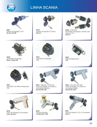 6050
Trava de Direção C/ Ch e C/ Comutador
Série 4
6001
Cilindro de Ignição C/ Ch
Scania até 98
6003 - 389.500 / 1.678.102
Trava de Direção C/ Cilindro e
Comutador Moderno
Scania 89 à 98
LINHA SCANIA
6004 - 533.328 / 537.326
Trava de Direção C/ Cilindro e
Comutador Antigo
Scania 85 à 88
6019
Cilindro de Ignição C/ Chave
Série 4
6020 - 0.581.025
Kit Cilindro de Ignição e Cilindro das
Portas C/ Ch
Série 4
6039
Trava de Direção
113 98 à 04 - 24V
6040
Comutador de Ignição
Série 4 após 98
6041
Comutador de Ignição
112
6042
Rele de Regurança
112
6038
Trava de Direção S/ Comutador
Cam. Scania
NO
VO
NO
VO
NO
VO
NO
VO
57
6052
Comutador com Rele de Segurança
112
 