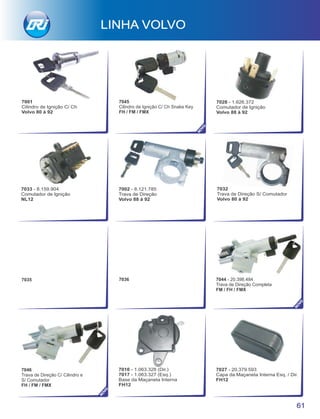 7045
Cilindro de Ignição C/ Ch Snake Key
FH / FM / FMX
7035 7036 7044 - 20.398.484
Trava de Direção Completa
FM / FH / FMX
7046
Trava de Direção C/ Cilindro e
S/ Comutador
FH / FM / FMX
61
7001
Cilindro de Ignição C/ Ch
Volvo 80 à 92
7002 - 8.121.785
Trava de Direção
Volvo 88 à 92
LINHA VOLVO
7016 - 1.063.328 (Dir.)
7017 - 1.063.327 (Esq.)
Base da Maçaneta Interna
FH12
7028 - 1.626.372
Comutador de Ignição
Volvo 88 à 92
7027 - 20.379.593
Capa da Maçaneta Interna Esq. / Dir.
FH12
7033 - 8.159.904
Comutador de Ignição
NL12
7032
Trava de Direção S/ Comutador
Volvo 80 à 92
NO
VO
NO
VO
NO
VO
 