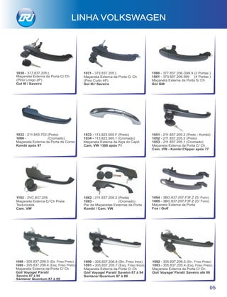 1032 - 211.843.703 (Preto)
1086 - (Cromado)
Maçaneta Externa da Porta de Correr
Kombi após 97
1033 - 113.823.565.F (Preto)
1034 - 113.823.565.1 (Cromado)
Maçaneta Externa da Alça do Capô
Cam. VW 1300 após 71
1051 - 211.837.205.2 (Preto - Kombi)
1052 - 211.837.205.2 (Preto)
1053 - 211.837.205.1 (Cromado)
Maçaneta Externa da Porta C/ Ch
Cam. VW - Kombi Clipper após 77
1192 - 2VC.837.205
Maçaneta Externa C/ Ch Preta
Texturizada
Cam. VW
LINHA VOLKSWAGEN
05
1092 - 305.837.206.5 (Dir. Friso Preto)
1093 - 305.837.205.4 (Esq. Friso Preto)
Maçaneta Externa da Porta C/ Ch
Gol/ Voyage/ Parati/ Saveiro até 86
1082 - 211.837.205.2 (Preta)
1083 - (Cromado)
Par de Maçanetas Externas da Porta
Kombi / Cam. VW
1090 - 305.837.206.8 (Dir. Friso Inox)
1091 - 305.837.205.7 (Esq. Friso Inox)
Maçaneta Externa da Porta C/ Ch
Gol/ Voyage/ Parati/ Saveiro 87 à 94
Santana/ Quantum 87 à 89
1084 - 3BO.837.207.F3F.Z (S/ Furo)
1085 - 3BO.837.207.F3F.Z (C/ Furo)
Maçaneta Externa da Porta
Fox / Golf
1088 - 305.837.206.5 (Dir. Friso Preto)
1089 - 305.837.206.4 (Esq. Friso Preto)
Maçaneta Externa da Porta C/ Ch
Gol/ Voyage/ Parati/
Santana/ Quantum 87 à 89
1080 - 377.837.206.G99.9 (2 Portas )
1081 - 373.837.206.999 (4 Portas )
Maçaneta Externa da Porta S/ Ch
Gol GIII
1030 - 377.837.205.L
(Pino Longo 2P)
1031 - 373.837.205.L
(Pino Curto 4P)
Maçaneta Externa da Porta C/ Ch Maçaneta Externa da Porta C/ Ch
Gol III / Saveiro Gol III / Saveiro
Saveiro 87 à 94
 