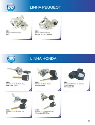 75
LINHA PEUGEOT
LINHA HONDA
8400
Cilindro C/ Ch da Porta Esq.
New Civic / CRV
8403
Cilindro C/ Ch da Porta Esq.
Fit
8404
Cilindro C/ Ch da Porta Esq.
Civic após 06 / City
8401
Cilindro do Porta Malas
Civic após 06
8402
Acionador Elétrico do Cilindro
do Porta Malas
Civic após 06
NO
VO8218
Fecho Inferior do Capô
206
NO
VO
NO
VO
NO
VO
NO
VO
NO
VO
NO
VO
8219
Fecho Inferior do Capô
Partner 99 à 10 / Berlingo
 