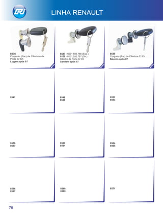 8536
Conjunto (Par) de Cilindros da
Porta C/ Ch
Logan após 07
8539
Conjunto (Par) de Cilindros C/ Ch
Saveiro após 07
LINHA RENAULT
78
8537 - 6001.550.788 (Esq.)
8538 - 6001.550.787 (Dir.)
Cilindro da Porta C/ Ch
Sandero após 07
NO
VO
8547 8548
8549
8552
8553
8556
8557
8560
8561
8564
8565
8566
8567
8568
8569
8571
NO
VO
NO
VO
 
