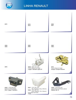 LINHA RENAULT
79
8574
8575
8550
8551
8554
8555
8558
8559
8562
8563
8570
8572
8529 - 6001.547.332
Fecho Inferior do Capô
Logan / Sandero após 07
NO
VO
8530 - 7700.838.546
Fecho do Porta Malas
Clio / Logan / Sandero
8527 - 7701.461.570
(Dir. Superior / Esq. Inferior)
8528 - 7701.461.571
(Esq. Superior / Dir. Inferior)
Dobradiça da Porta
Traﬁc
NO
VO
8540 - 7700.352.379
Guia Inferior da Porta Lateral
Master até 13
8573
Fecho Inferior do Capô
Kangoo / Kangoo Express
 