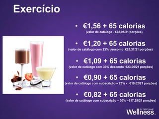 Exercício
• €1,56 + 65 calorias
(valor de catálogo - €32,95/21 porções)
• €1,20 + 65 calorias
(valor de catálogo com 23% desconto €25,37/21 porções)
• €1,09 + 65 calorias
(valor de catálogo com 30% desconto €23,06/21 porções)
• €0,90 + 65 calorias
(valor de catálogo com subscrição – 23% - €19,02/21 porções)
• €0,82 + 65 calorias
(valor de catálogo com subscrição – 30% - €17,29/21 porções)
 