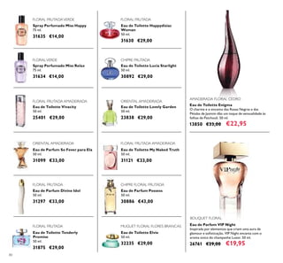80
Spray Perfumado Miss Happy
75 ml.
31635 €14,00
Eau de Toilette Happydisiac
Woman
50 ml.
31630 €29,00
Eau de Toilette My Naked Truth
50 ml.
31121 €33,00
Spray Perfumado Miss Relax
75 ml.
31634 €14,00
Eau de Toilette Lucia Starlight
50 ml.
30892 €29,00
Eau de Parfum Possess
50 ml.
30886 €43,00
Eau de Toilette Lovely Garden
50 ml.
23838 €29,00
Eau de Toilette Tenderly
Promise
50 ml.
31875 €29,00
Eau de Toilette Elvie
50 ml.
32235 €29,00
Eau de Parfum VIP Night
Inspirada por elementos que criam uma aura de
glamour e soﬁsticação, VIP Night encanta com o
aroma único do champanhe Luxor. 50 ml.
26761 €29,00 €19,95
Eau de Toilette Enigma
O charme e o encanto das Rosas Negras e das
Pétalas de Jasmim dão um toque de sensualidade às
folhas de Patchouli. 50 ml.
13850 €33,00 €22,95
Eau de Parfum So Fever para Ela
50 ml.
31099 €33,00
Eau de Toilette Vivacity
50 ml.
25401 €29,00
Eau de Parfum Divine Idol
50 ml.
31297 €33,00
FLORAL FRUTADA
FLORAL FRUTADAVERDE
FLORALVERDE
FLORAL FRUTADA AMADEIRADA
ORIENTAL AMADEIRADA
FLORAL FRUTADA
FLORAL FRUTADA
CHIPRE FRUTADA
ORIENTAL AMADEIRADA
FLORAL FRUTADA AMADEIRADA
CHIPRE FLORAL FRUTADA
MUGUET FLORAL FLORES BRANCAS
BOUQUET FLORAL
AMADEIRADA FLORAL CEDRO
 