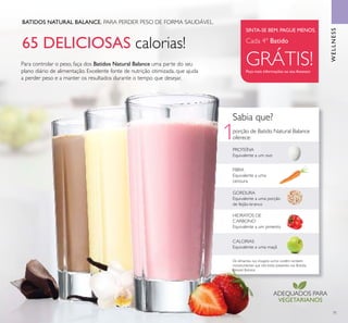 71
65 DELICIOSAS calorias!
Sabia que?
BATIDOS NATURAL BALANCE. PARA PERDER PESO DE FORMA SAUDÁVEL.
Para controlar o peso, faça dos Batidos Natural Balance uma parte do seu
plano diário de alimentação. Excelente fonte de nutrição otimizada, que ajuda
a perder peso e a manter os resultados durante o tempo que desejar.
GORDURA
Equivalente a uma porção
de feijão-branco
FIBRA
Equivalente a uma
cenoura
1
CALORIAS
Equivalente a uma maçã
HIDRATOS DE
CARBONO
Equivalente a um pimento
PROTEÍNA
Equivalente a um ovo
Os alimentos nas imagens acima contêm também
micronutrientes que não estão presentes nos Batidos
Natural Balance
ADEQUADOS PARA
VEGETARIANOS
WELLNESS
porção de Batido Natural Balance
oferece:
Peça mais informações ao seu Assessor
SINTA-SE BEM. PAGUE MENOS.
Cada 4º Batido
GRÁTIS!
 