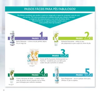 88
1. 2.
4. 5.
3.
PASSOS FÁCEIS PARA PÉS FABULOSOS!
Pés felizes e saudáveis, que ajudam a sentir-se revigorado e capaz de conquistar cada dia com
um sorriso. Por isso, os produtos de cuidados dos pés que relaxam,hidratam
e revigoram são essenciais para a sua rotina de beleza diária.
Recomendamos os seguintes passos simples para a
rotina perfeita Feet Up Comfort:
Banho Relaxante – o tónico de pés perfeito depois
de um longo dia.
Esfoliante Estimulante – esfolia os seus
pés, preparando-os para a ação do creme de pés.
Creme de Pés Suavizante,Antitranspirante ou
Nutritivo – excelentes para uso diário, pois
cuidam dos pés e previnem os odores.
Creme Hidratante de Noite – o melhor mimo
antes de dormir. Use em conjunto com as Meias
para Hidratação para melhores resultados.
Spray Revigorante – use em qualquer altura para
refrescar os pés ou sapatos.
Ver pág. 87
Ver pág. 87
PASSO PASSO
PASSO
PASSO PASSO
 