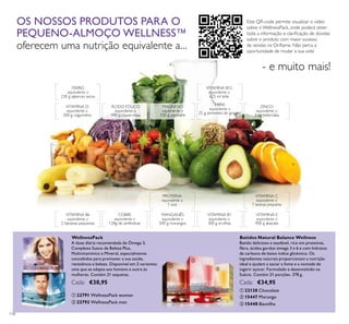118
FIBRA
equivalente a
25 g sementes de girassol
ÁCIDO FÓLICO
equivalente a
440 g couve-roxa
FERRO
equivalente a
230 g alperces secos
MAGNÉSIO
equivalente a
100 g espinafre
VITAMINA B12
equivalente a
625 ml leite
VITAMINA D
equivalente a
200 g cogumelos
ZINCO
equivalente a
2 kg beterraba
COBRE
equivalente a
128g de amêndoas
MANGANÊS
equivalente a
500 g morangos
PROTEÍNA
equivalente a
1 ovo
VITAMINA B1
equivalente a
300 g ervilhas
VITAMINA B6
equivalente a
2 bananas pequenas
VITAMINA C
equivalente a
1 laranja pequena
VITAMINA E
equivalente a
900 g abacate
- e muito mais!
ቢ 22791 WellnessPack woman
ባ 22793 WellnessPack man
WellnessPack
A dose diária recomendada de Ómega 3,
Complexo Sueco de Beleza Plus,
Multivitamínico e Mineral, especialmente
concebidos para promover a sua saúde,
resistência e beleza. Disponível em 2 variantes:
uma que se adapta aos homens e outra às
mulheres. Contém 21 saquetas.
Cada: €30,95
Batidos Natural Balance Wellness
Batido delicioso e saudável, rico em proteínas,
ibra, ácidos gordos ómega 3 e 6 e com hidratos
de carbono de baixo índice glicémico. Os
ingredientes naturais proporcionam a nutrição
ideal e ajudam a saciar a fome e a vontade de
ingerir açúcar. Formulado e desenvolvido na
Suécia. Contém 21 porções. 378 g.
Cada: €34,95
ባ 15447 Morango
ቢ 22138 Chocolate
ቤ 15448 Baunilha
ቢ
ባ
ቢ
ባ
ቤ
OS NOSSOS PRODUTOS PARA O
PEQUENO-ALMOÇO WELLNESS™
oferecem uma nutrição equivalente a...
Este QR-code permite visualizar o vídeo
sobre o WellnessPack, onde poderá obter
toda a informação e clariicação de dúvidas
sobre o produto com maior sucesso
de vendas na Orilame. Não perca a
oportunidade de mudar a sua vida!
 